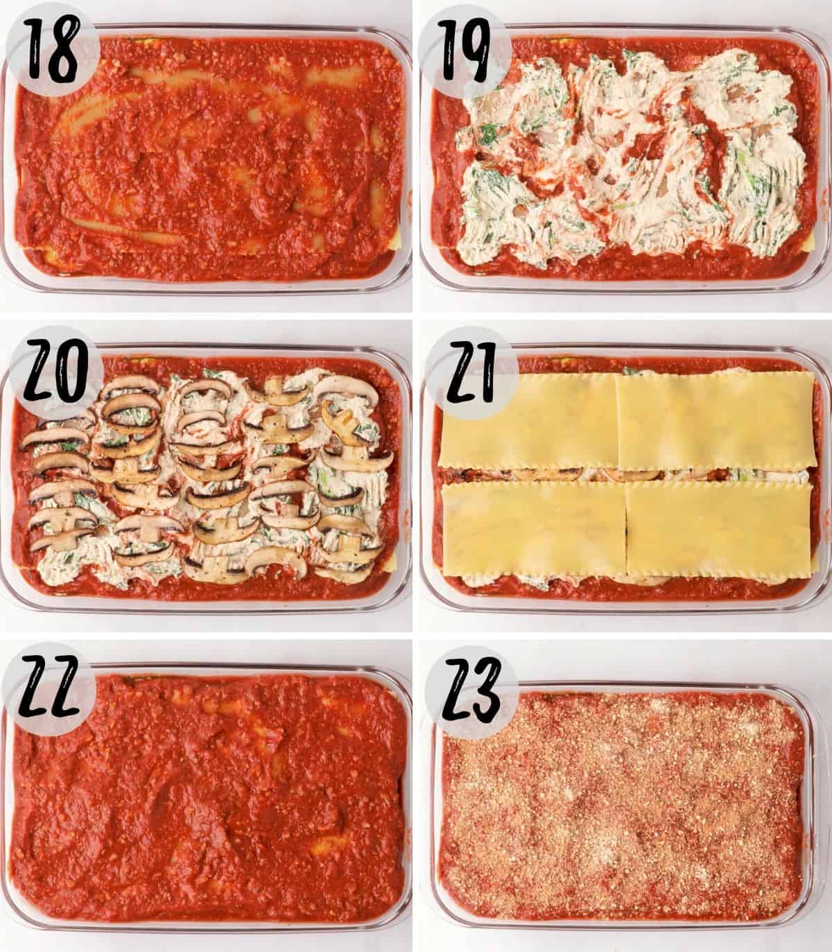 Collage of images showing lasagna layers being assembled into baking dish.