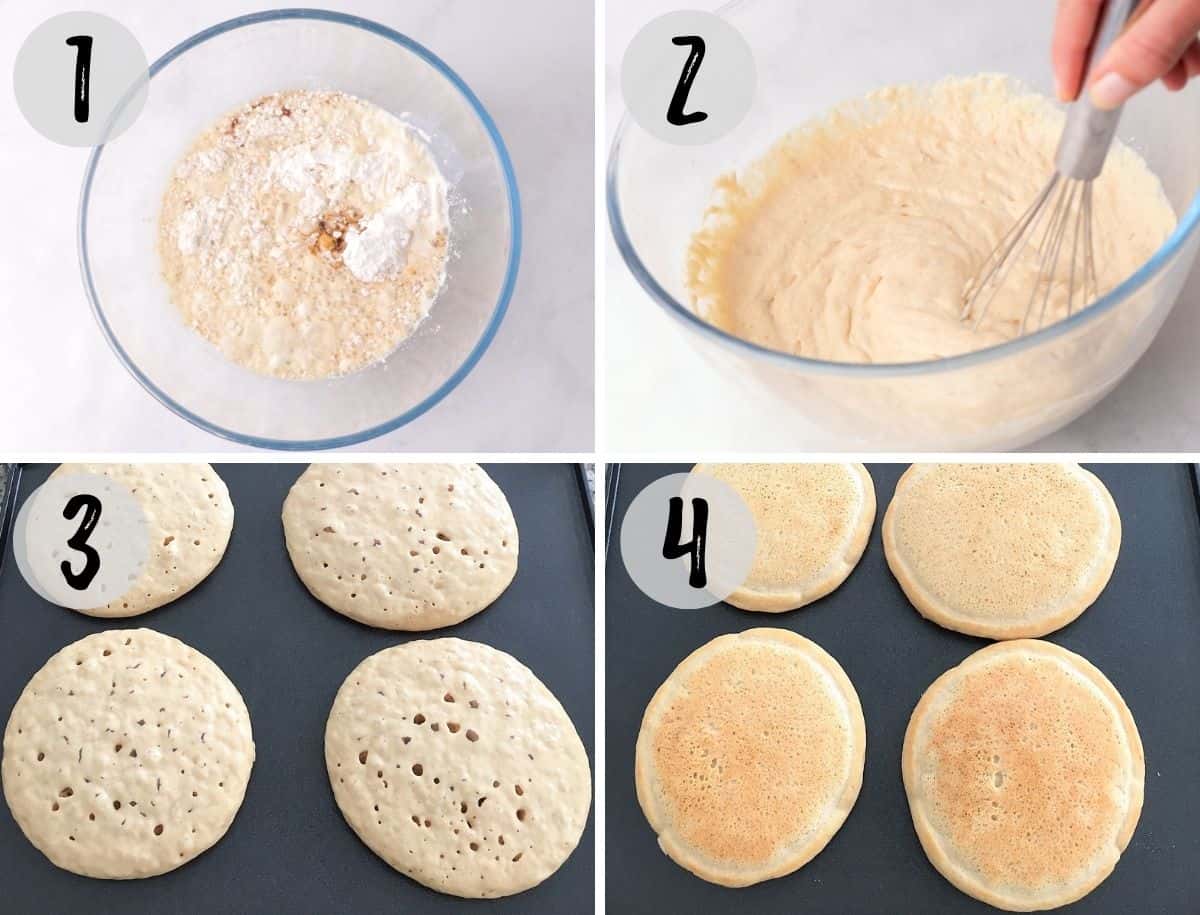 Bowl of pancake batter being mixed and then cooked on griddle.