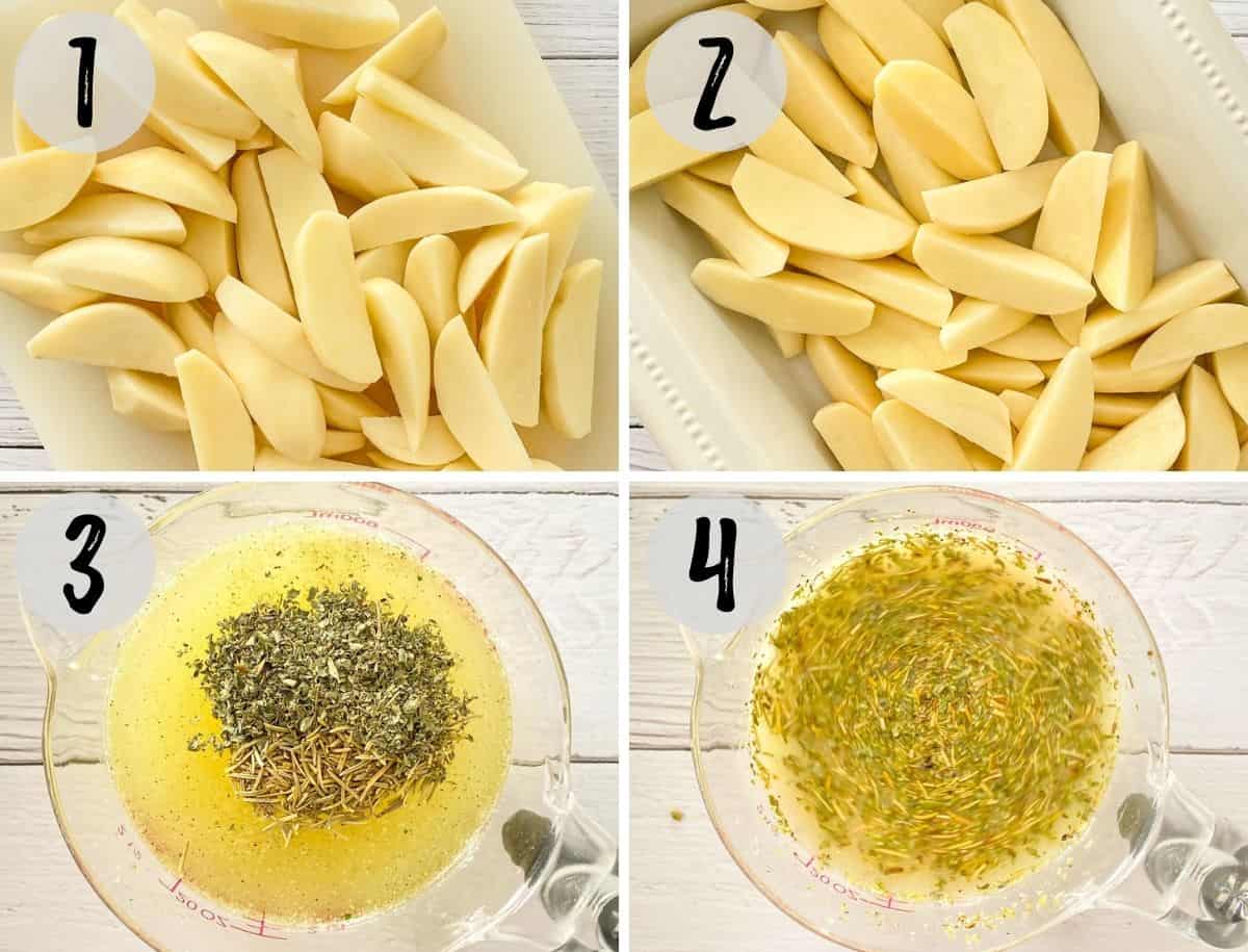 Collage of images: potatoes cut into wedges and measuring cup with broth and seasoning.