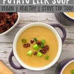 Vegan potato leek soup PIN with text overlay.
