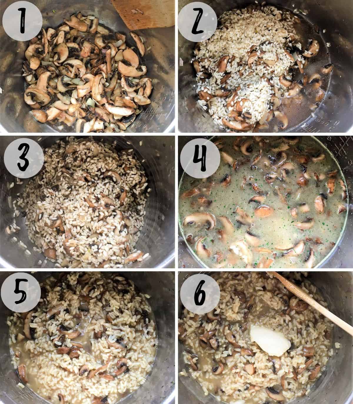 Step by step photos cooking rice with mushrooms and broth in pressure cooker pot