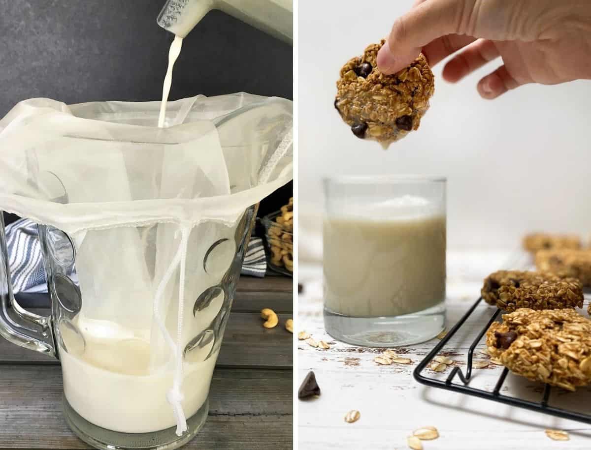 Pitcher of milk and cookie being dunked into glass of milk.