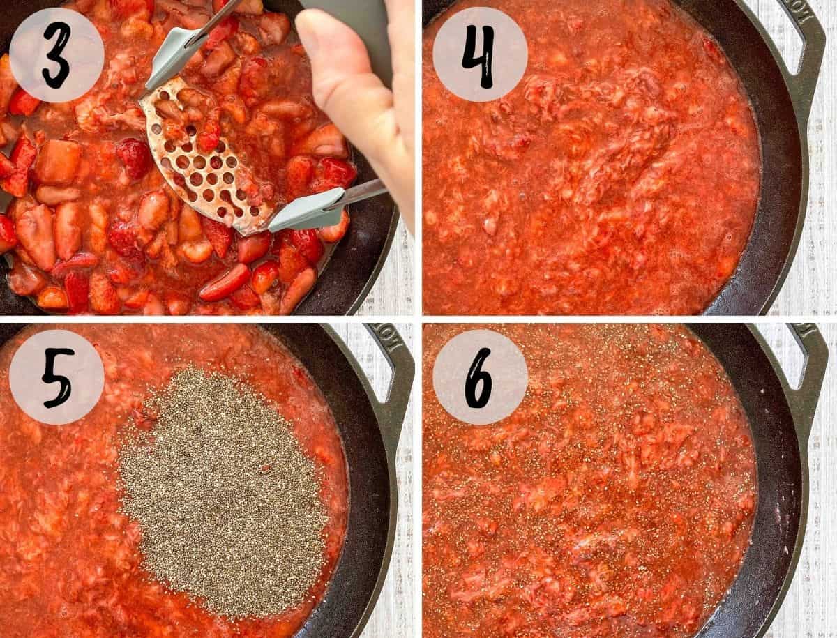 Image collage of mashing strawberries in pan, then adding chia seeds and mixing.
