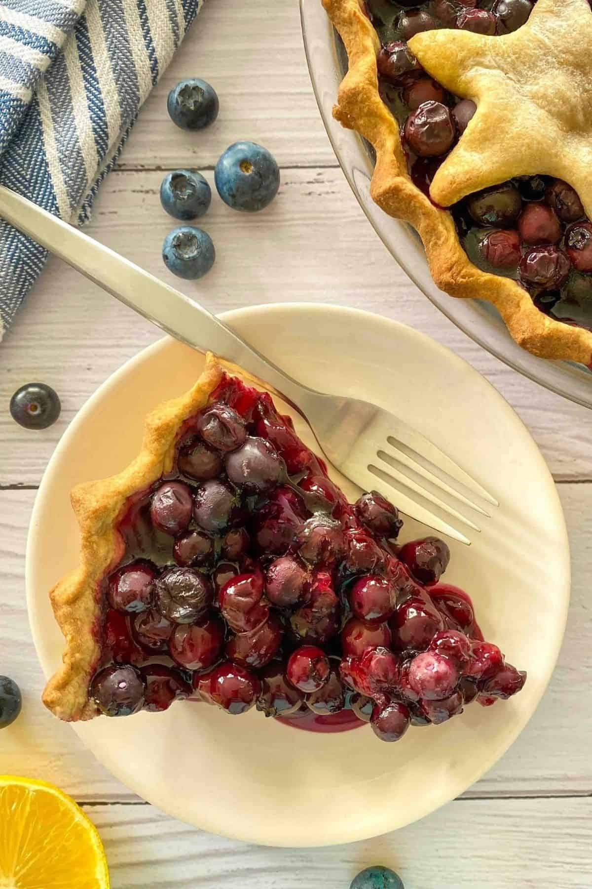 Slice of blueberry pie in white plate with fork.