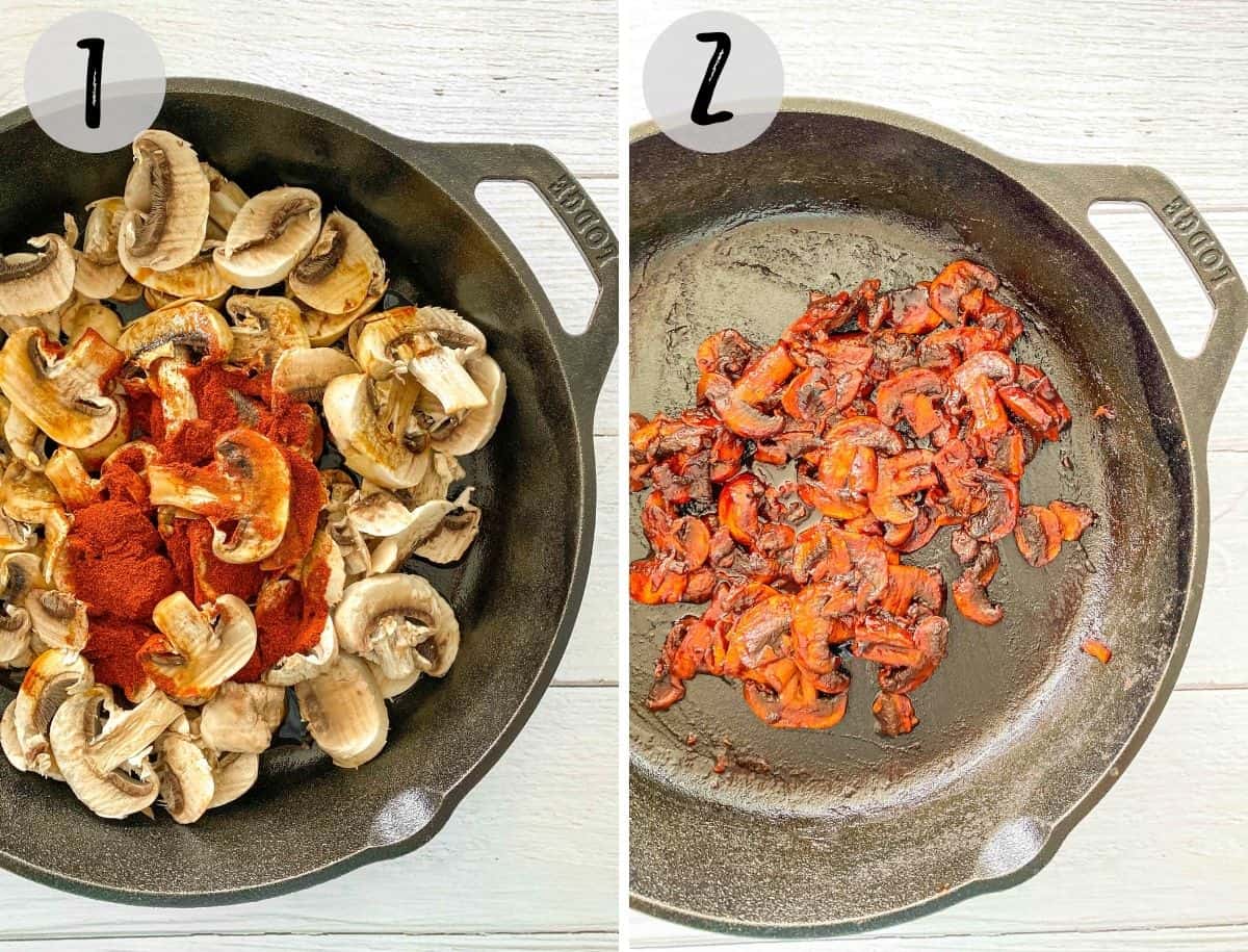 Sliced mushrooms with seasoning, before and after sautéing.