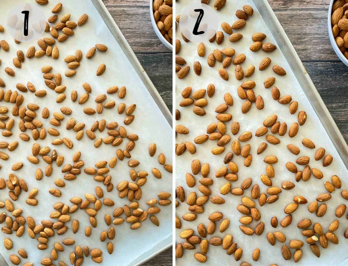 Almonds on baking tray, before and after roasting.
