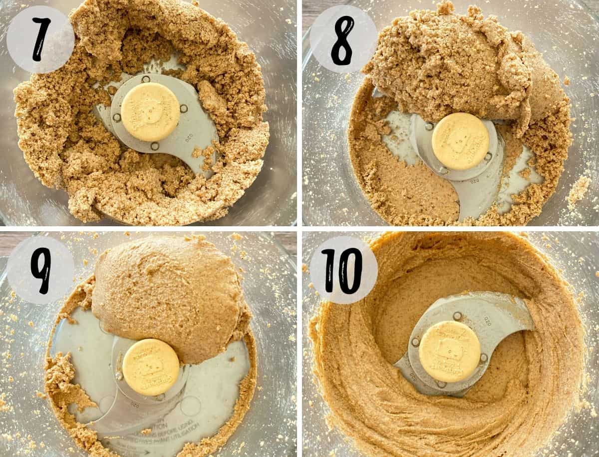 Image collage of almonds to flour, to almond butter.