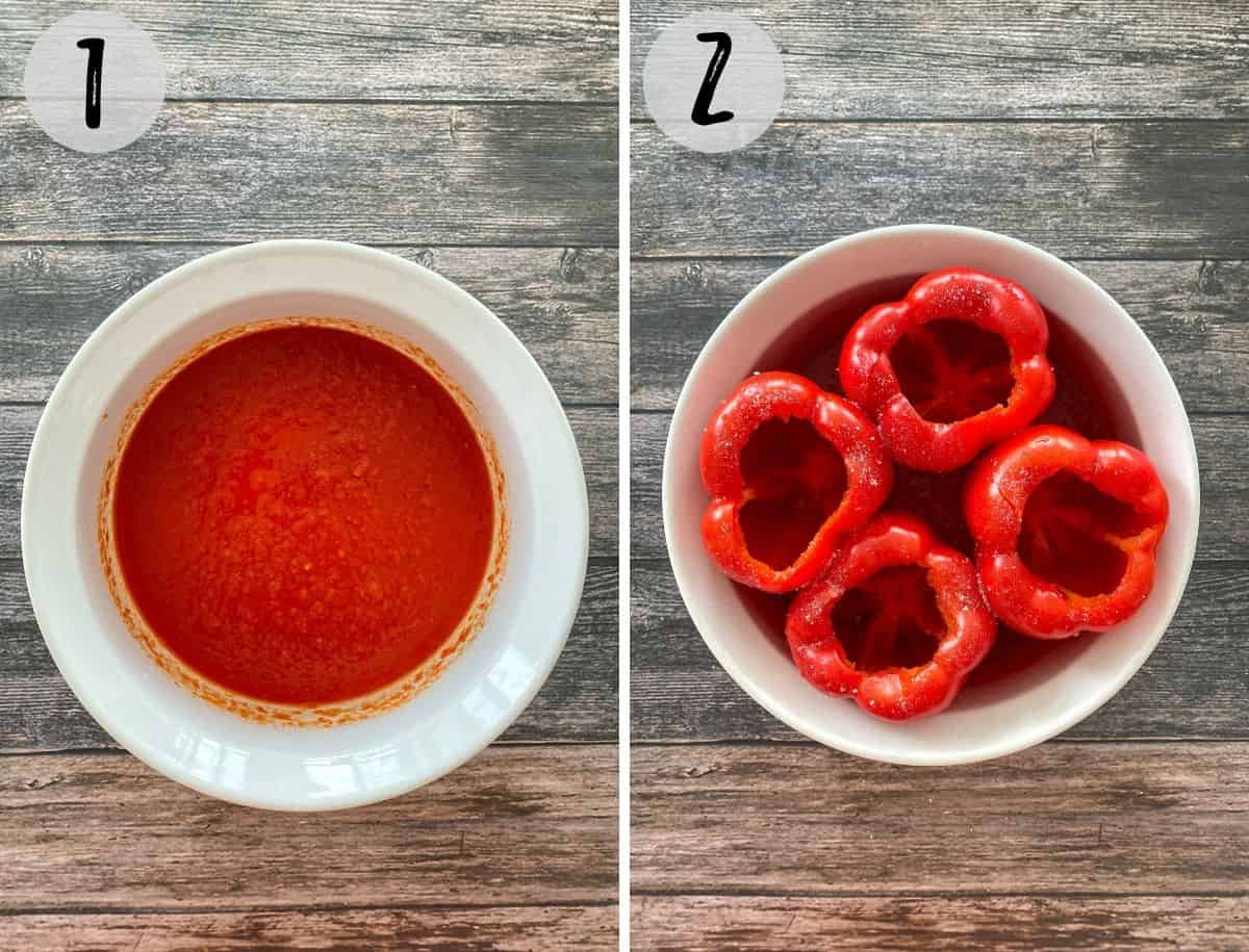 Corningware dish with tomato sauce on bottom and 4 hollowed out red peppers on top.