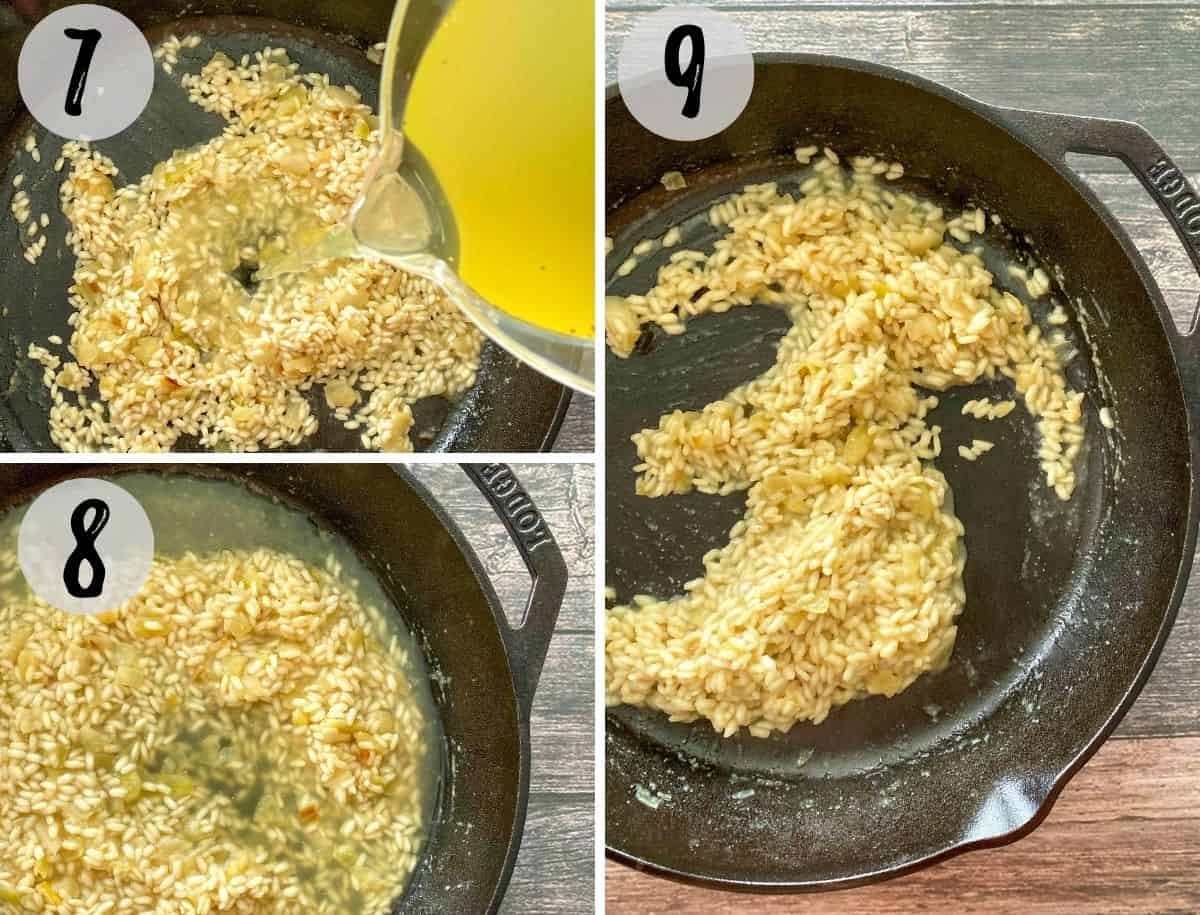 Image collage of broth being poured into pan with rice, and then broth is absorbed.