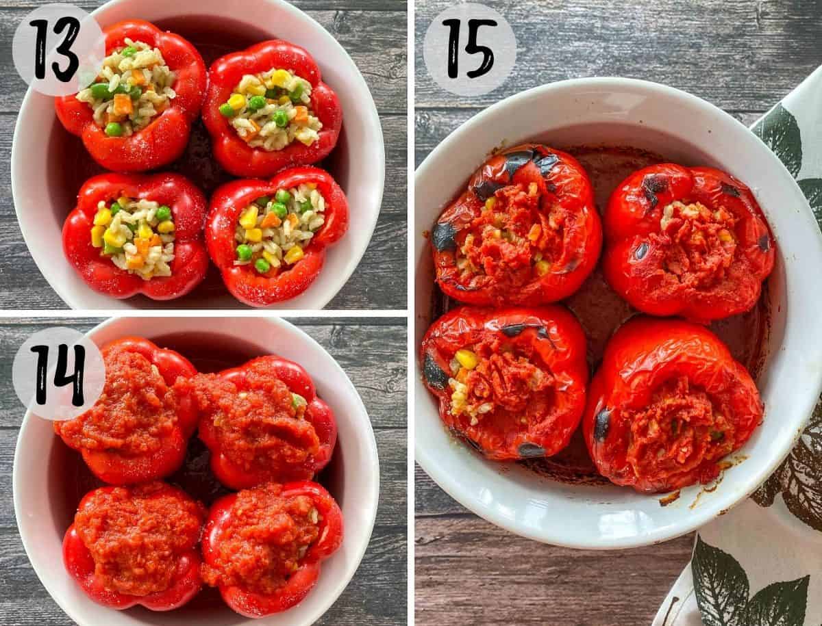 Peppers in casserole dish stuffed with vegetable risotto and topped with tomato sauce, before and after baking.