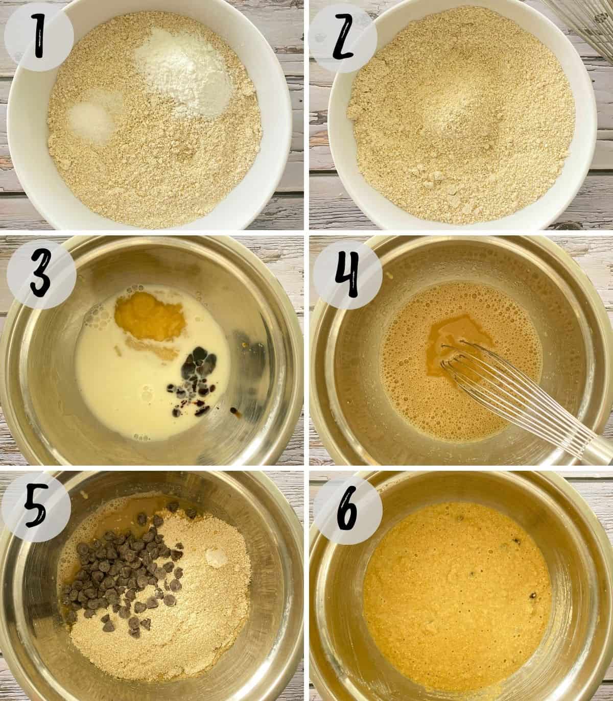 Image collage of dry ingredients, and wet ingredients in separate bowls, then mixed together for cookie batter.