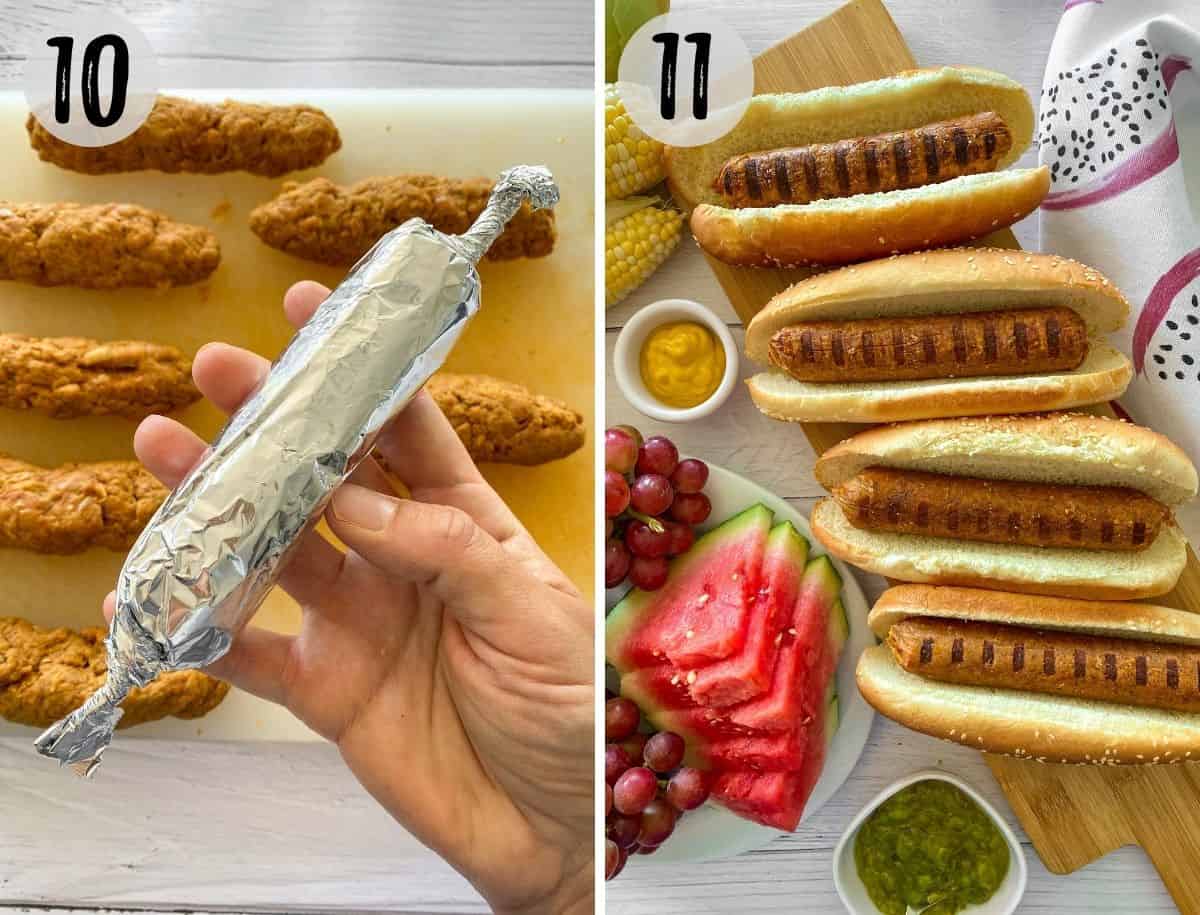 Vegan hot dogs wrapped in foil and then cooked product inside hot dog buns on cutting board.