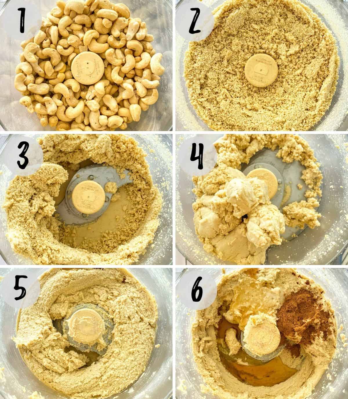 Photo collage of cashews in food processor being blended into nut butter.