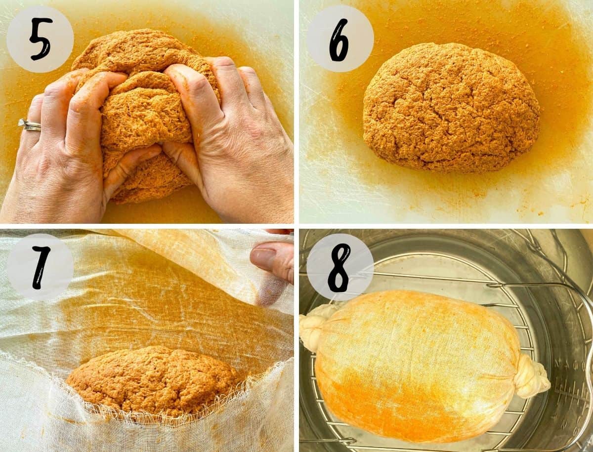 Image collage of hands kneading dough and then wrapping in cheesecloth and placing in Instant Pot.