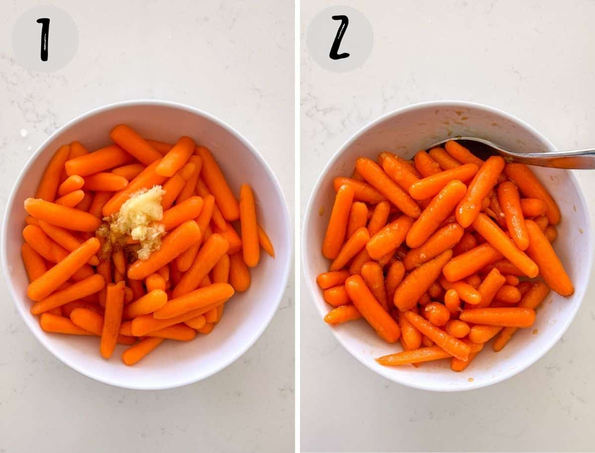 Baby carrots in white bowl with minced garlic and seasoning being mixed together.