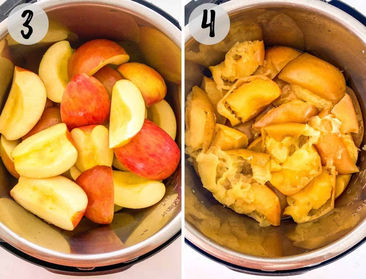 Pot of quartered apples before and after cooking.