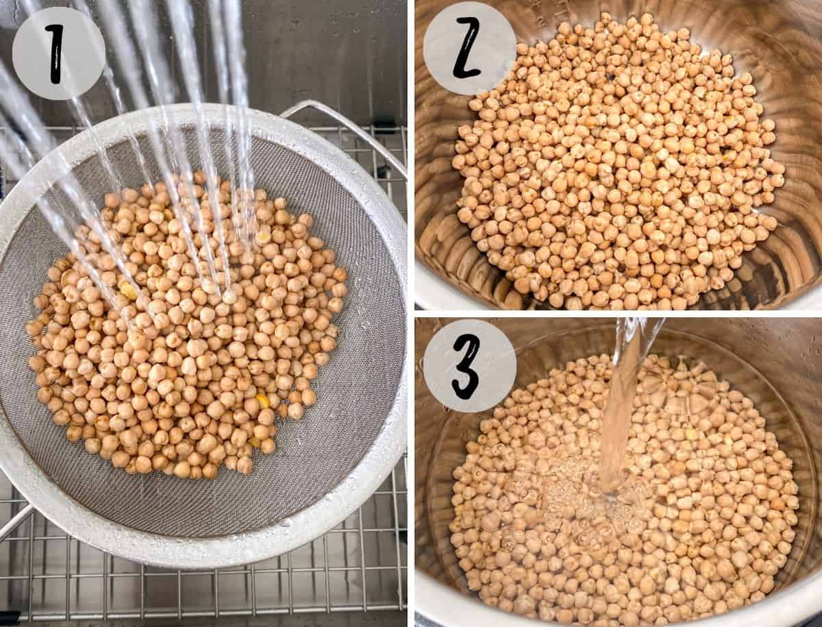 Chickpeas being rinsed in colander and then transferred to instant pot.