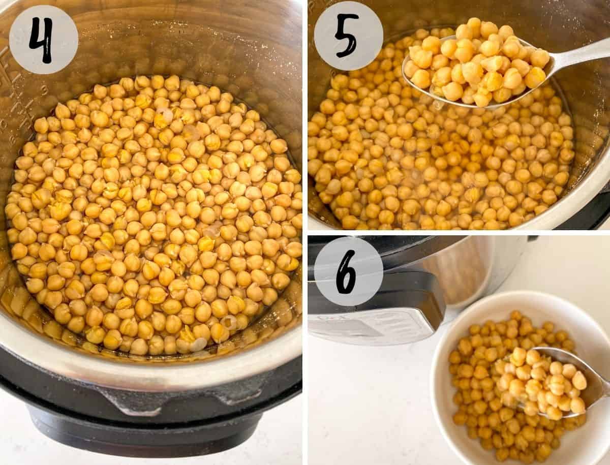 Cooked chickpeas in the instant pot and being spooned out into bowl.