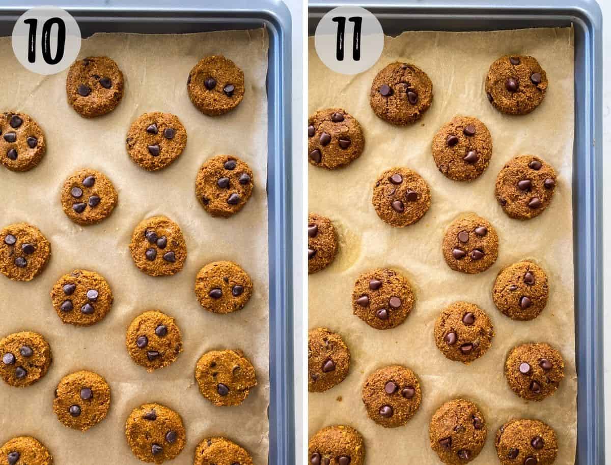 Pumpkin chocolate chip cookies in tray before and after baking.