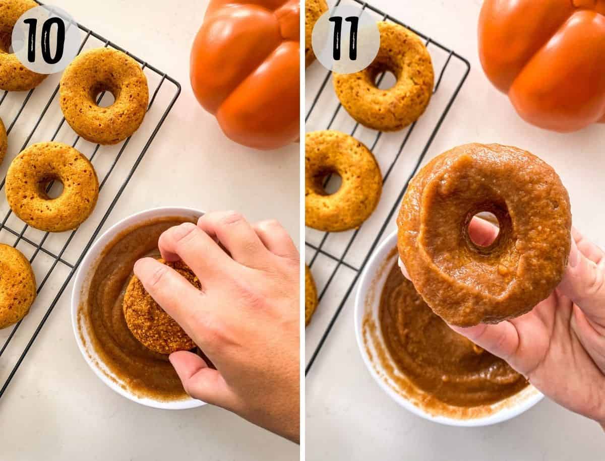 Hand dunking donut into glaze.