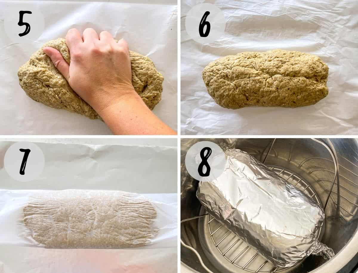 Image collage of seitan being kneaded and shaped, then wrapped and placed in Instant Pot.