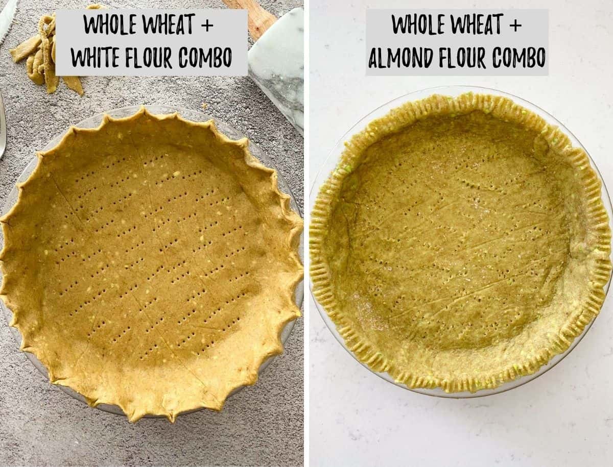 Side by side comparison of unbaked pie crusts in pie plate with different flour options.