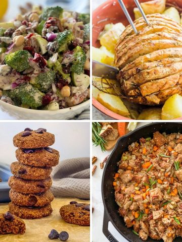 Collage of images of vegan Thanksgiving recipes.