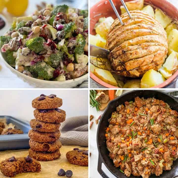 Collage of images of vegan Thanksgiving recipes.
