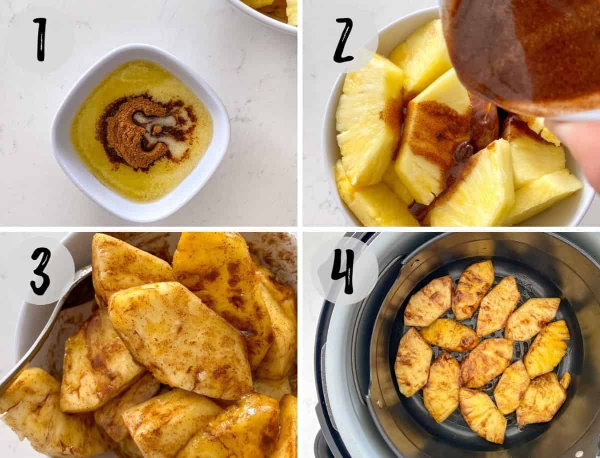 Image collage of bowl of seasoning with butter being mixed, then poured over pineapple and pineapple inside air fryer.