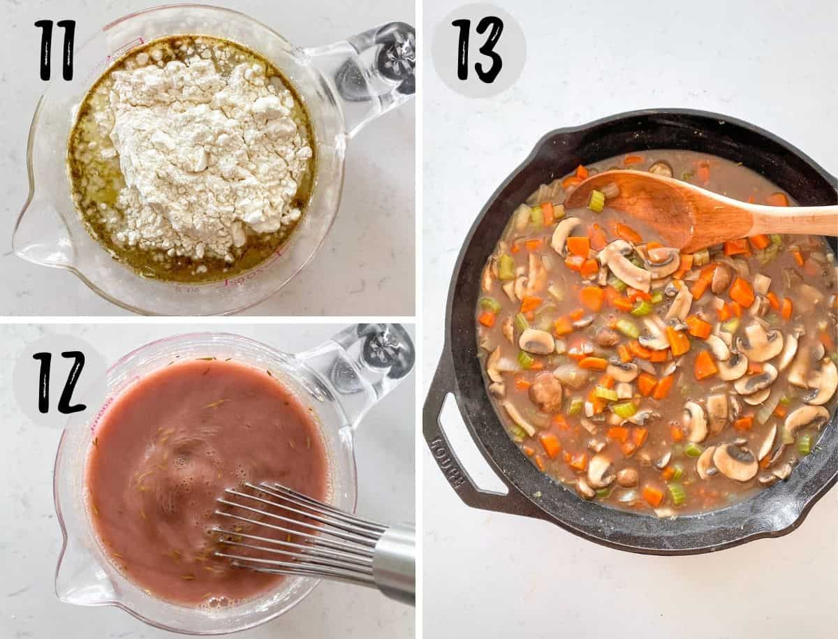 Measuring cup with broth, flour, and wine being mixed together and then poured into pan with cooked vegetables.