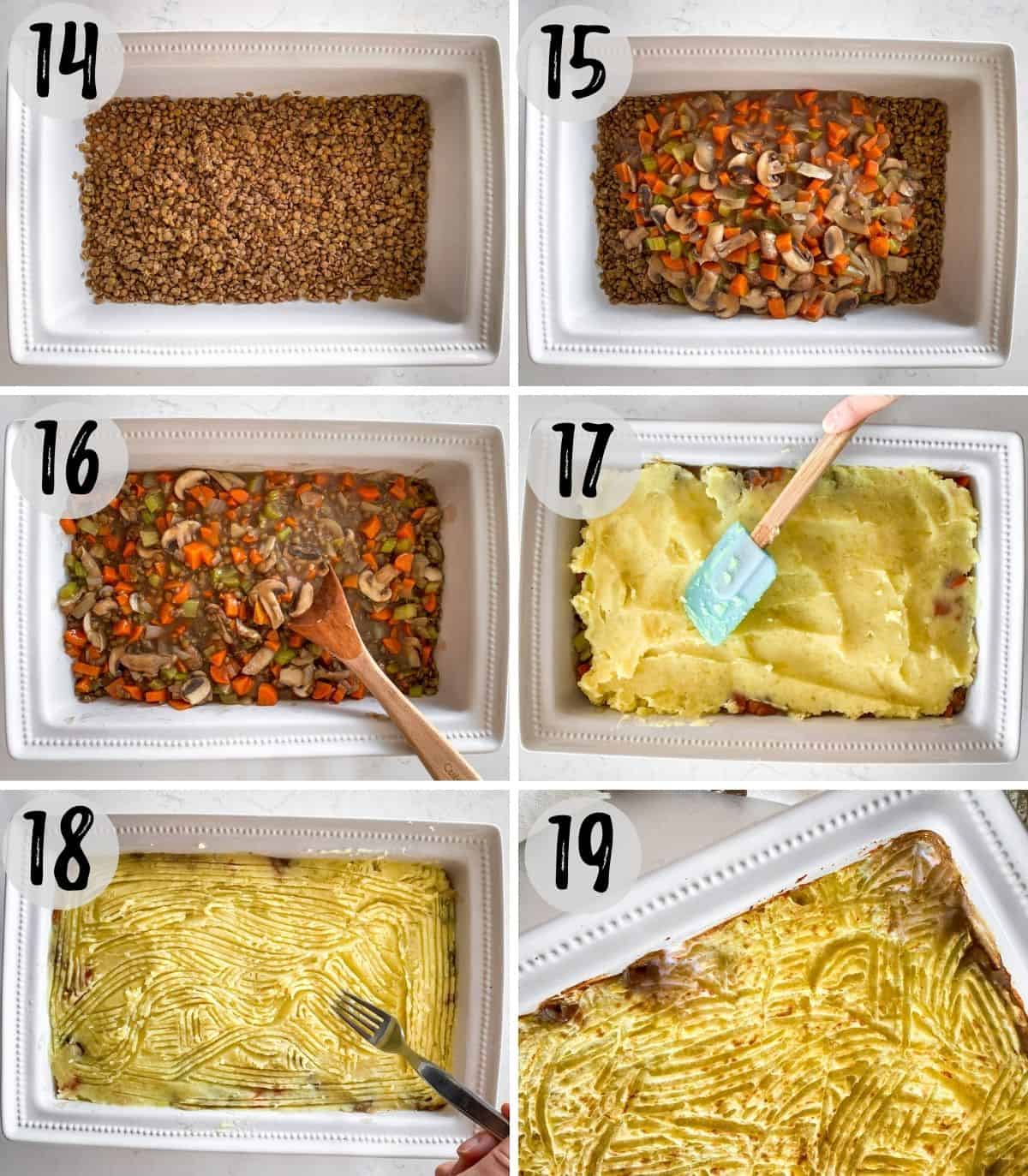 Image collage of shepherd's pie being assembled with lentils and veggies at the bottom and mashed potatoes added on top and then spread across.