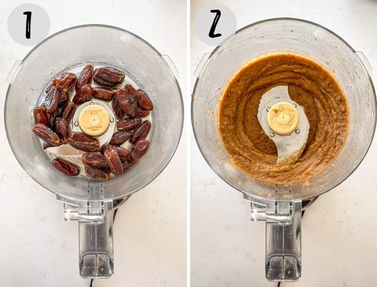 Dates and water in food processor, before and after blending.