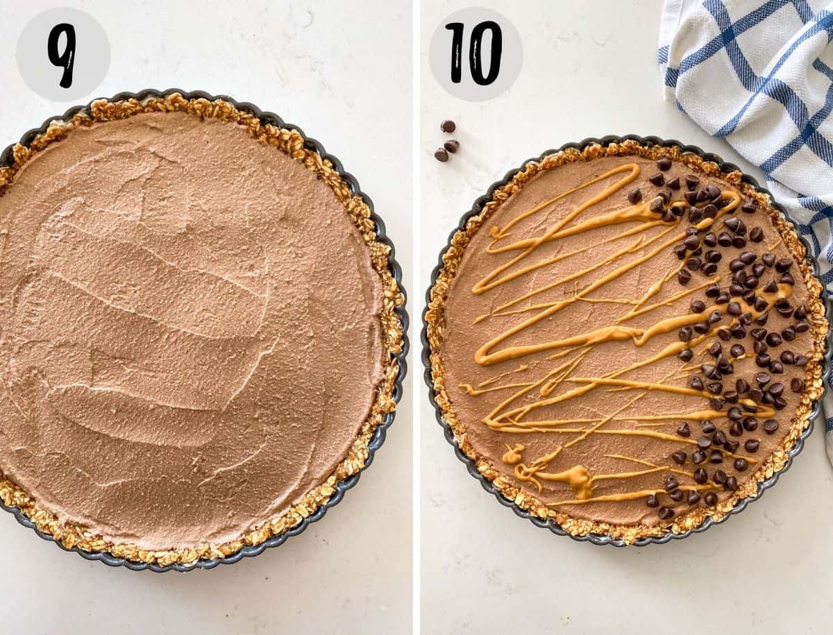 Vegan peanut butter pie before and after freezing and garnishing with chocolate chips.