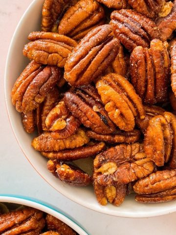 Bowl of candied pecans.