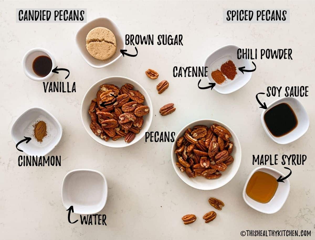 Ingredients needed to make candied pecans scattered on kitchen countertop.