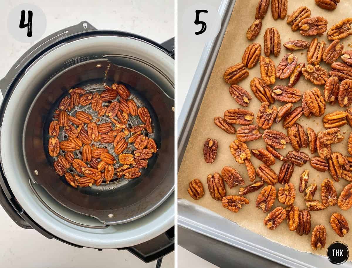 Air fryer basket with pecan halves inside and then transferred to a baking sheet.