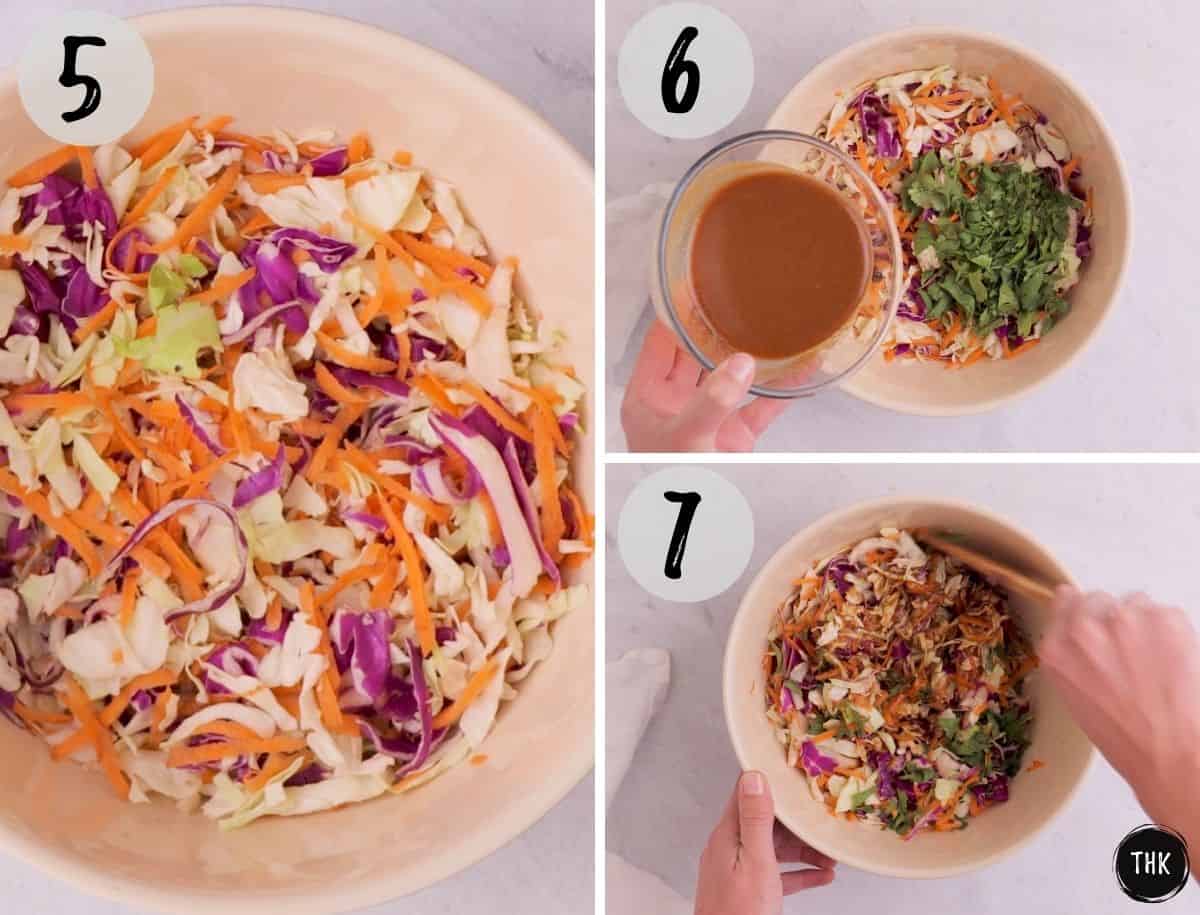 Slaw mixture in large bowl being dressing with peanut sauce and mixed.