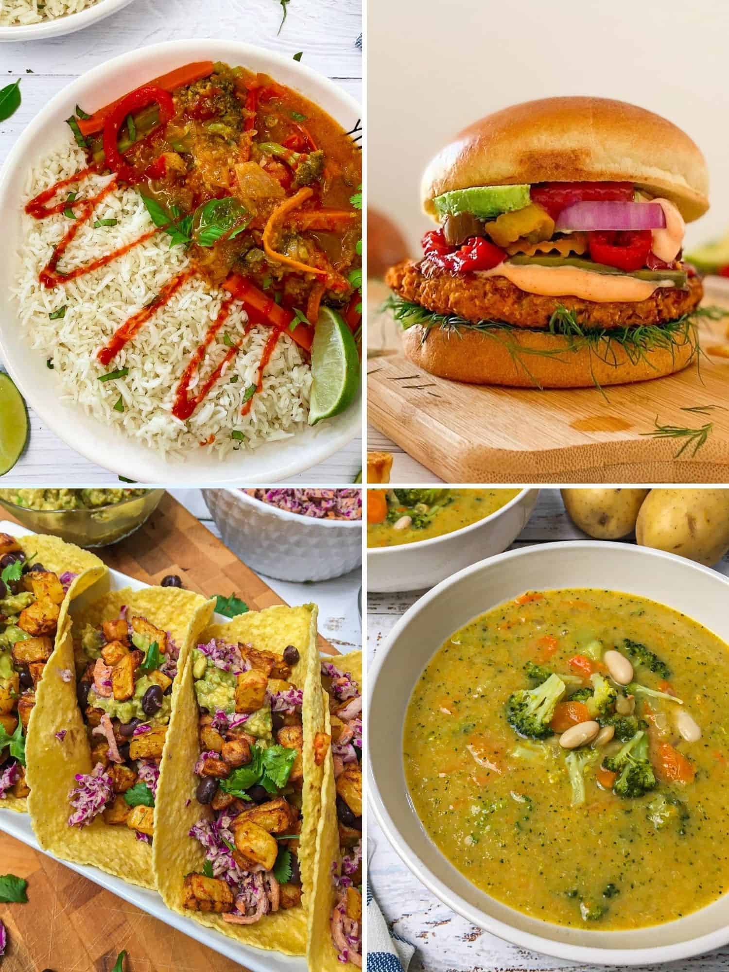 Image collage: Thai curry, sweet potato burger, potato tacos and broccoli soup.