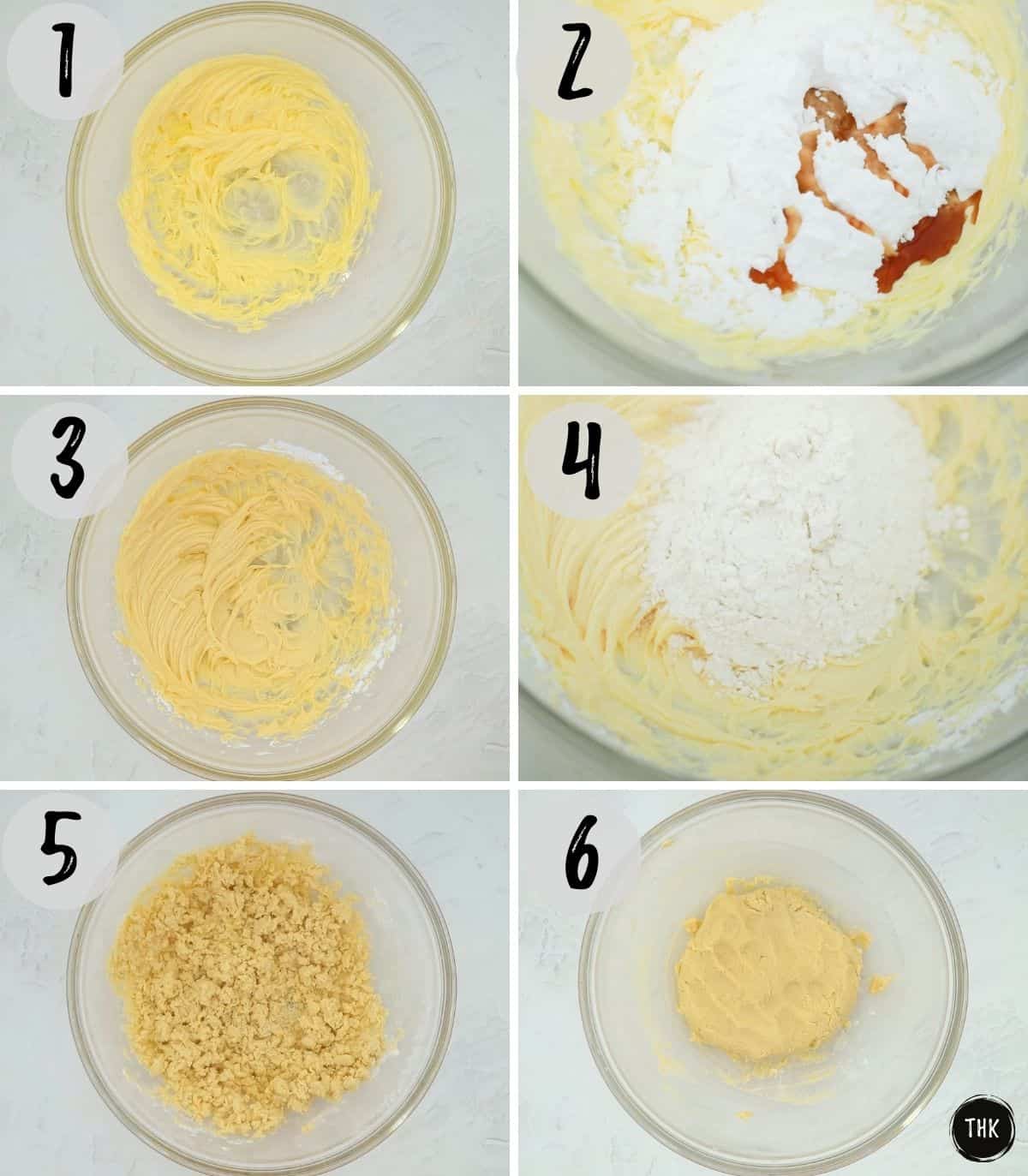Image collage of bowl with beaten butter, then sugar and vanilla added, then flour beaten in. 
