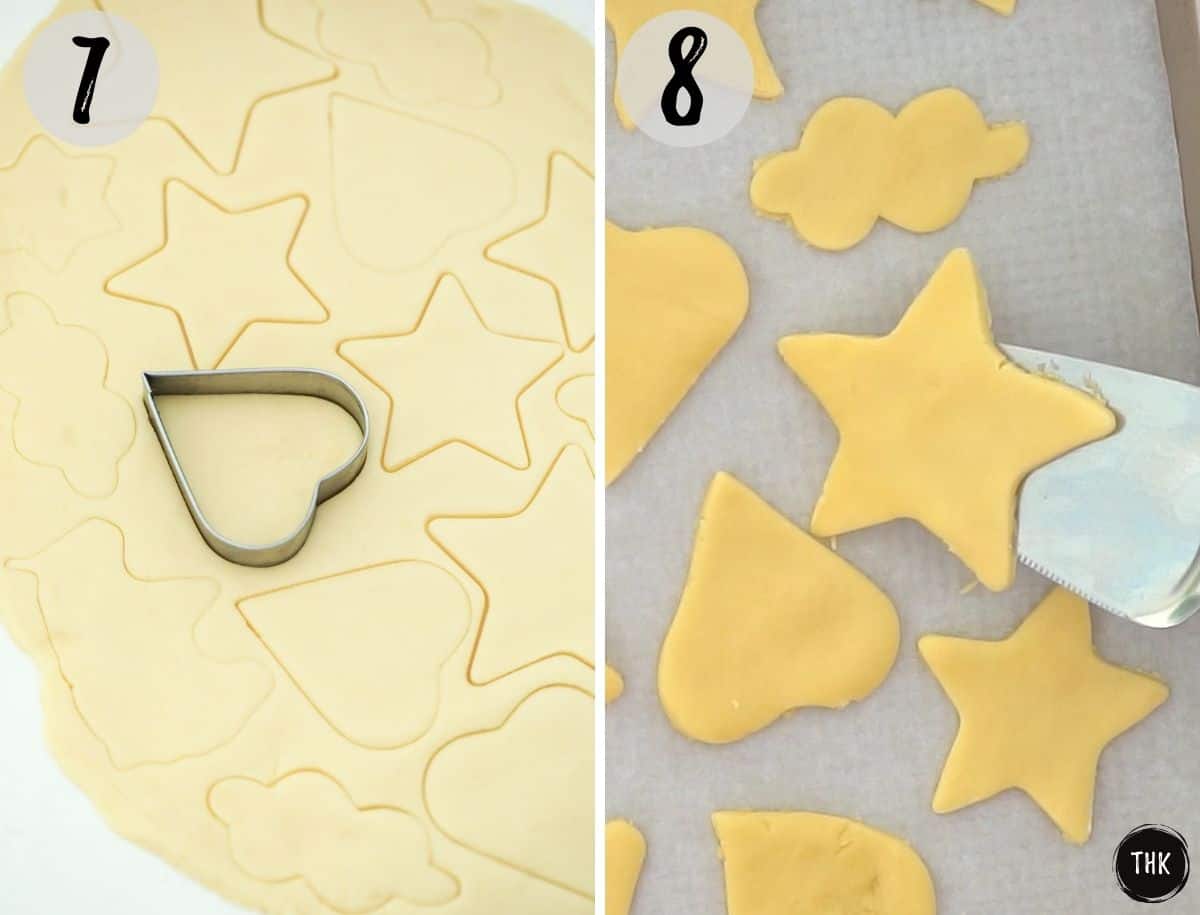 Cookie cutter pressed into dough and spatula picking up cut out cookie.