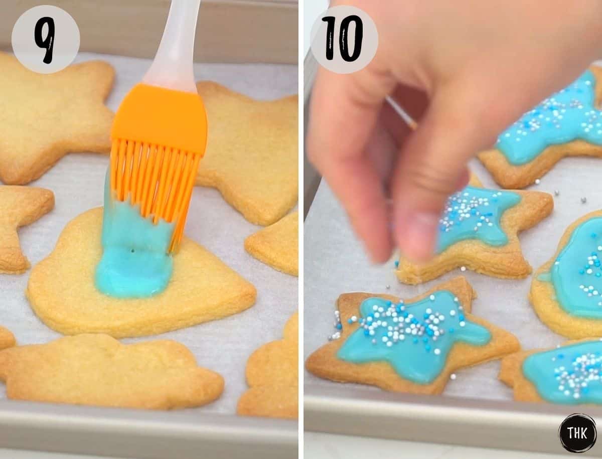 Blue icing and blue and white sprinkles being added to shortbread cookies.