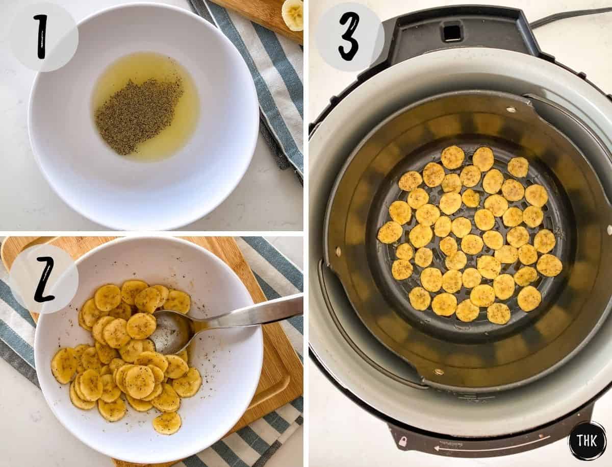 Bowl of lemon juice and seasoning being mixed in a bowl and then in a single layer in air fryer.