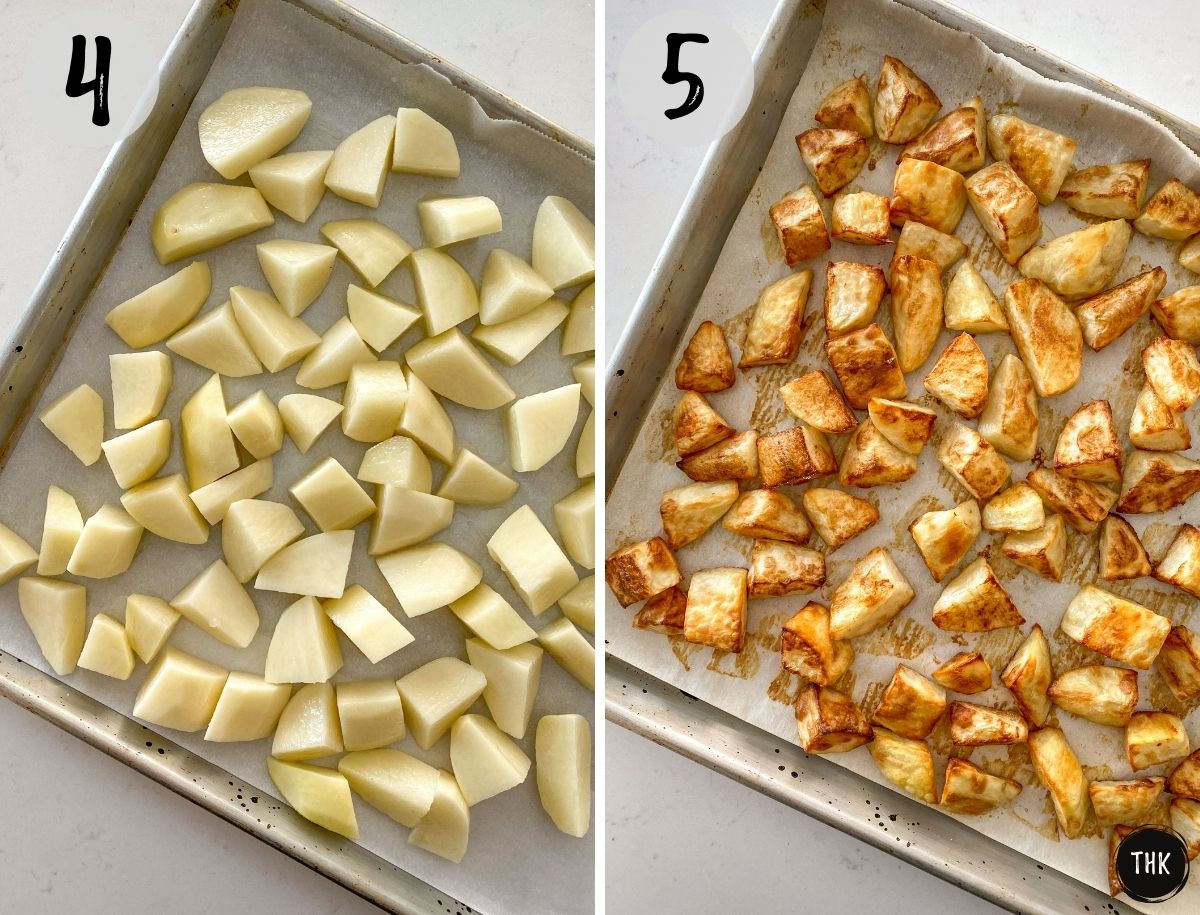 Potato wedges on baking tray before and after roasting.