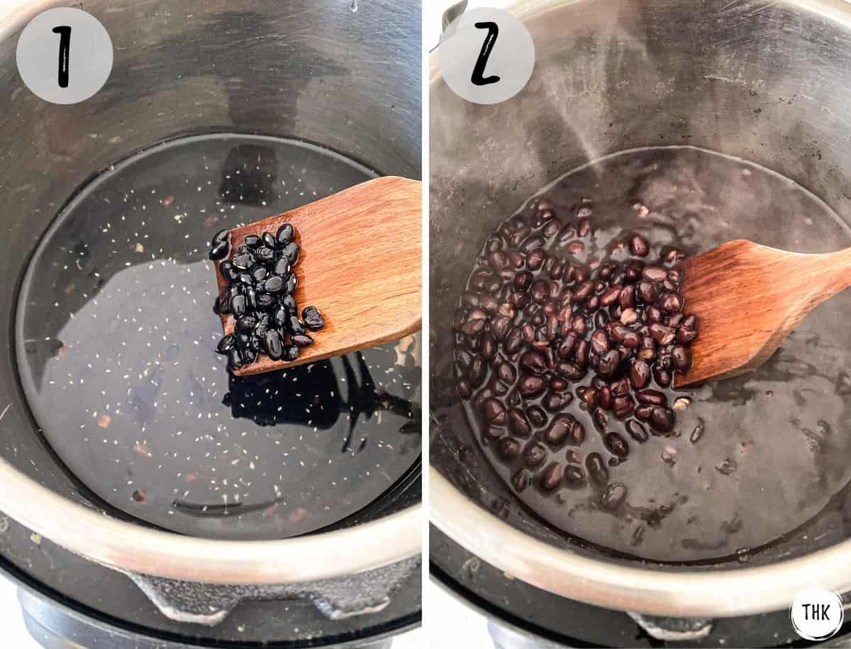 Black beans in the Instant Pot before and after pressure cooking.