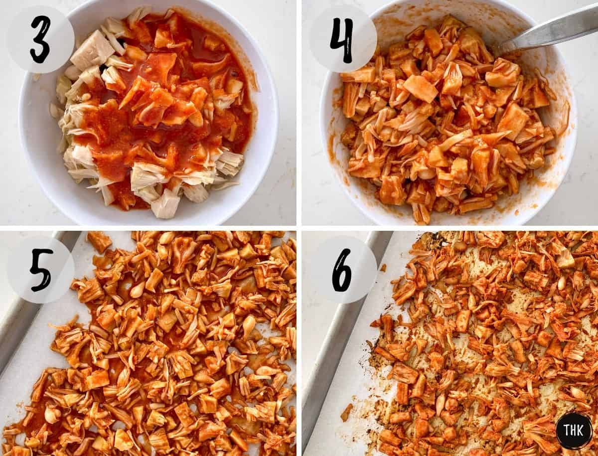 Shredded jackfruit in bowl with BBQ sauce and then transferred to baking sheet.