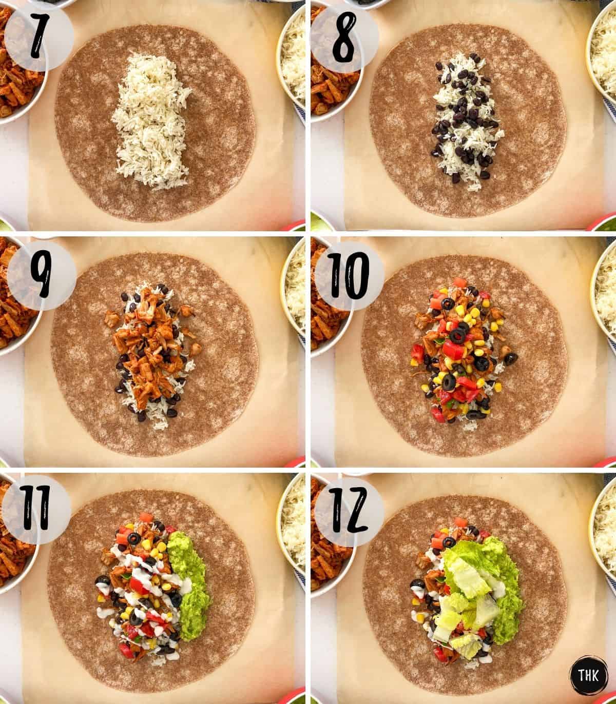 Image collage of vegan burrito being layered with toppings.