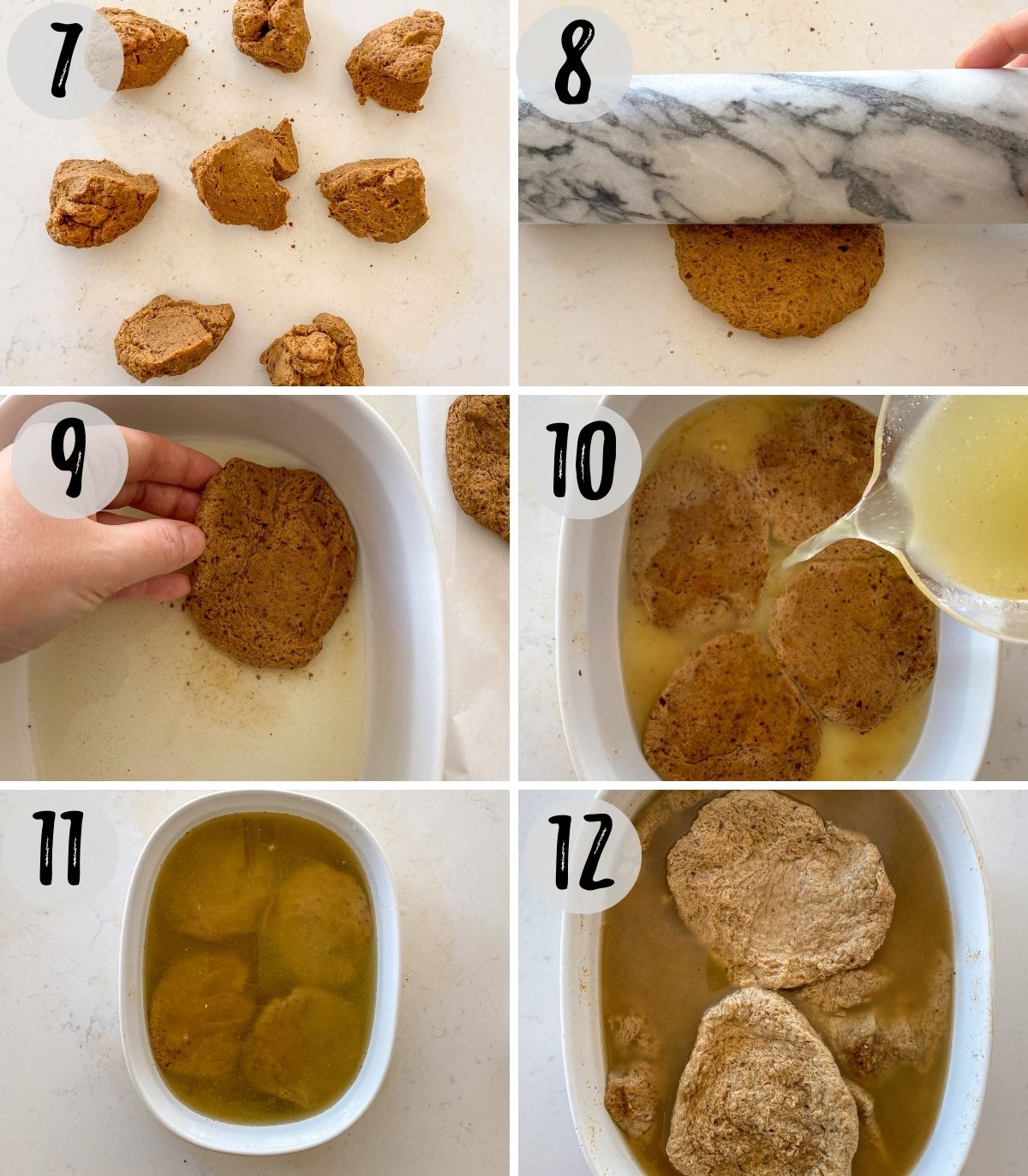 Image collage: seitan mixture being divided into 8 patties and rolled thin, then adding to baking dish with broth.