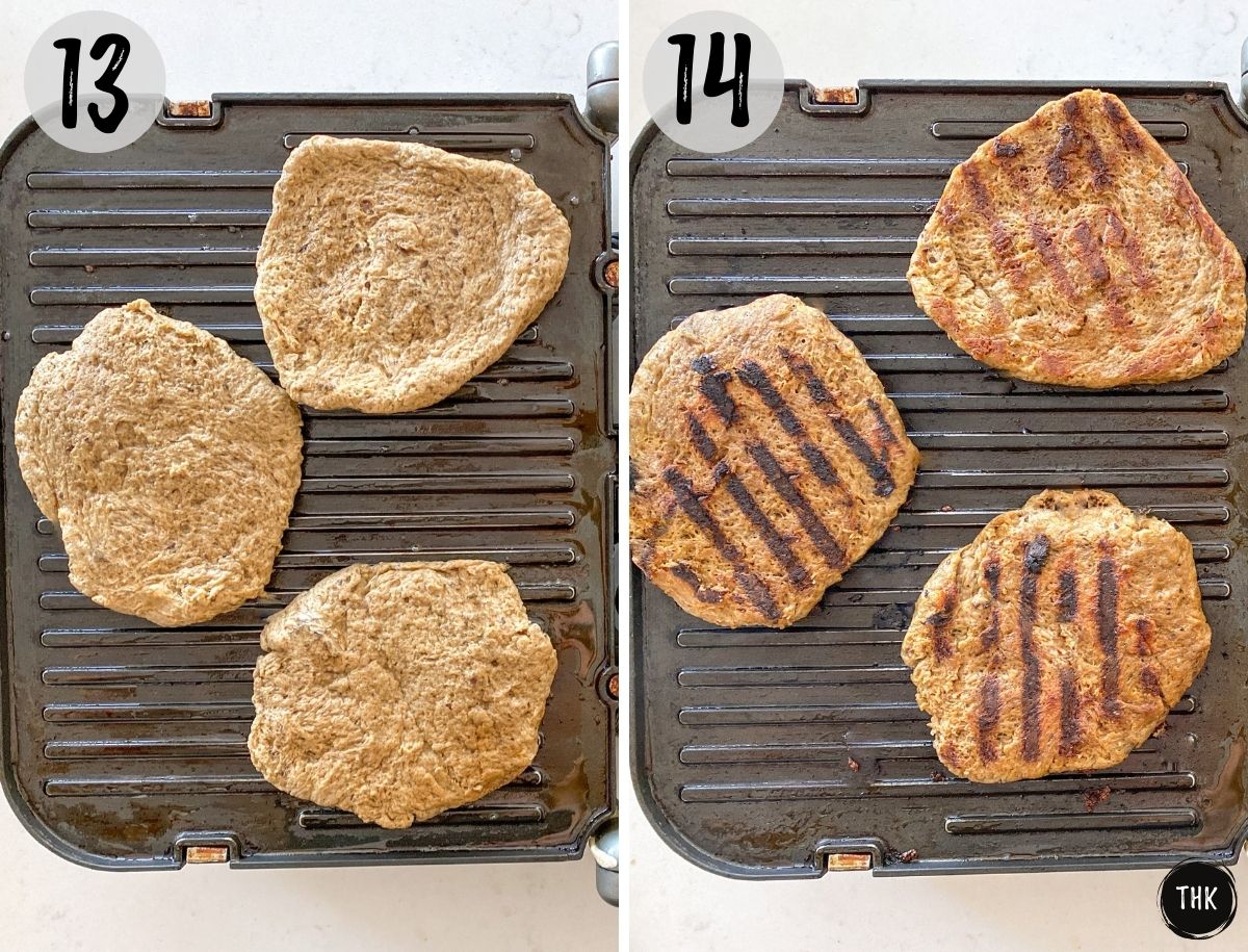 Seitan burgers on grill, before and after grilling.