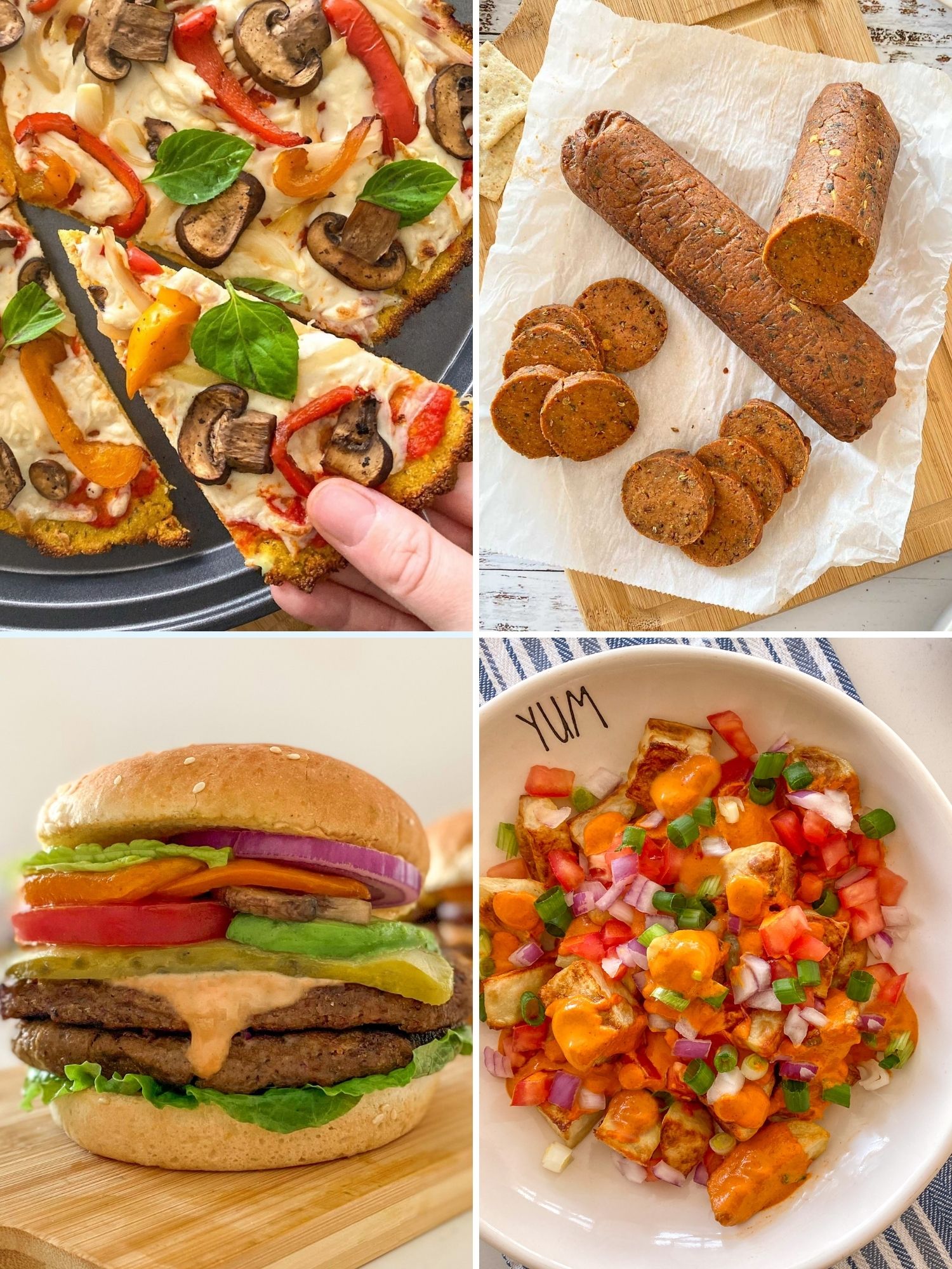 Image collage of pizza, salami, burger and poutine.