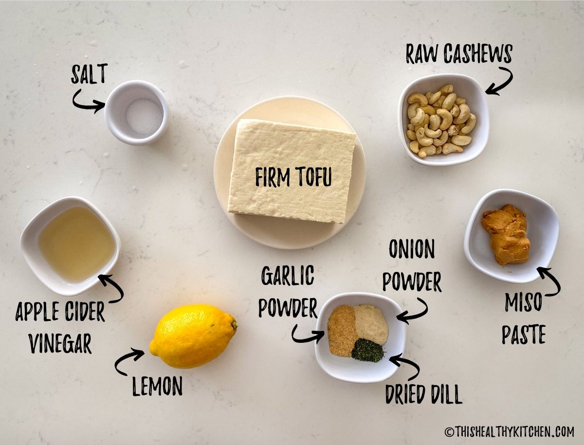 Ingredients needed to make vegan cream cheese on kitchen countertop.